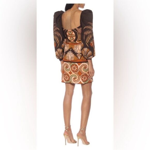 Johanna Ortiz Elegant Brown and Orange Patterned puffy sleeves mini Dress, US8 - Picture 2 of 14